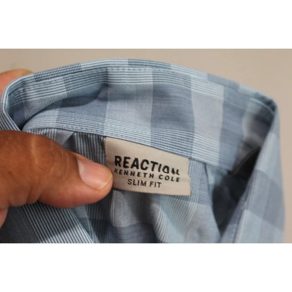 Kenneth Cole Reaction Blue Plaid Long Sleeve Button Up Casual Size 15